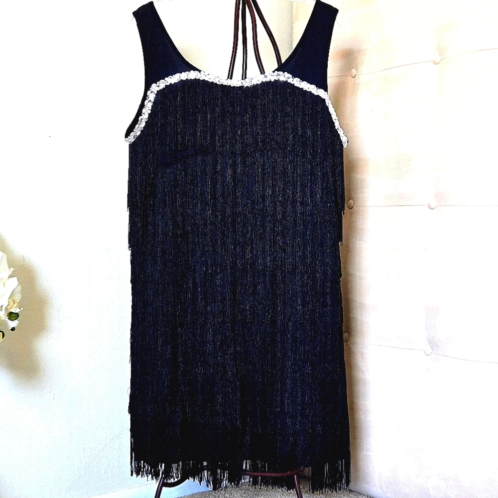 *SOLD* Spirit Halloween Flapper Dress, Black Fringe Mini Dress w Silver Sequins - Picture 3 of 5